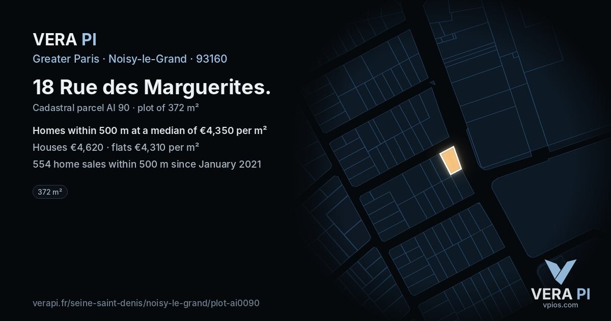 18 Rue des Marguerites, Noisy-le-Grand at night – the plot lit, the parcels around coloured by the prices near them