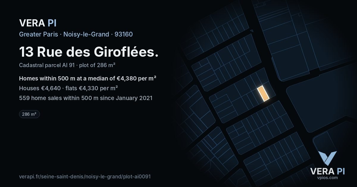 13 Rue des Giroflées, Noisy-le-Grand at night – the plot lit, the parcels around coloured by the prices near them