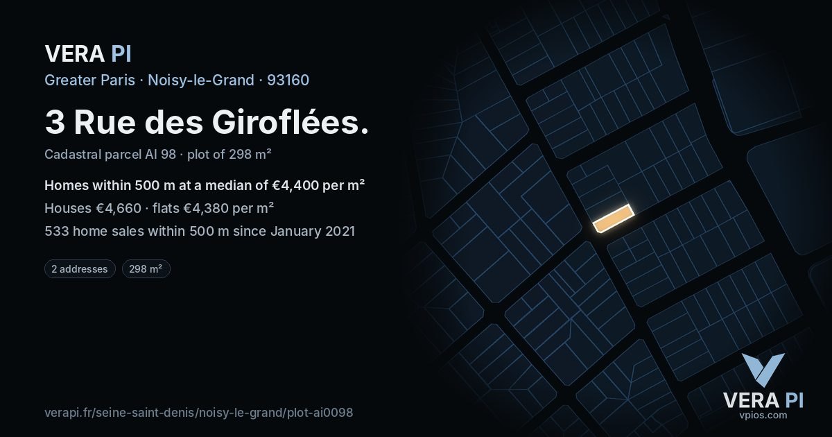 3 Rue des Giroflées, Noisy-le-Grand at night – the plot lit, the parcels around coloured by the prices near them