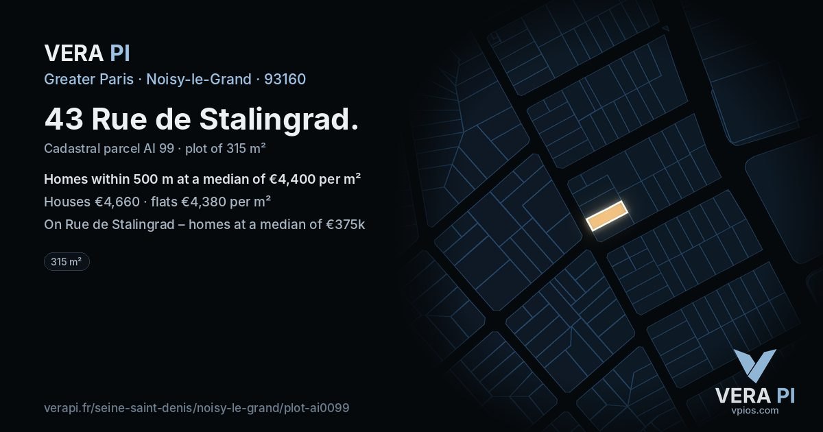 43 Rue de Stalingrad, Noisy-le-Grand at night – the plot lit, the parcels around coloured by the prices near them