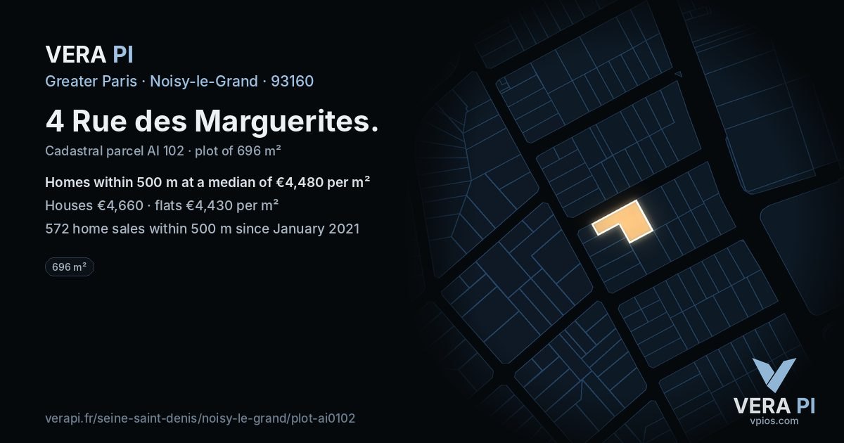 4 Rue des Marguerites, Noisy-le-Grand at night – the plot lit, the parcels around coloured by the prices near them