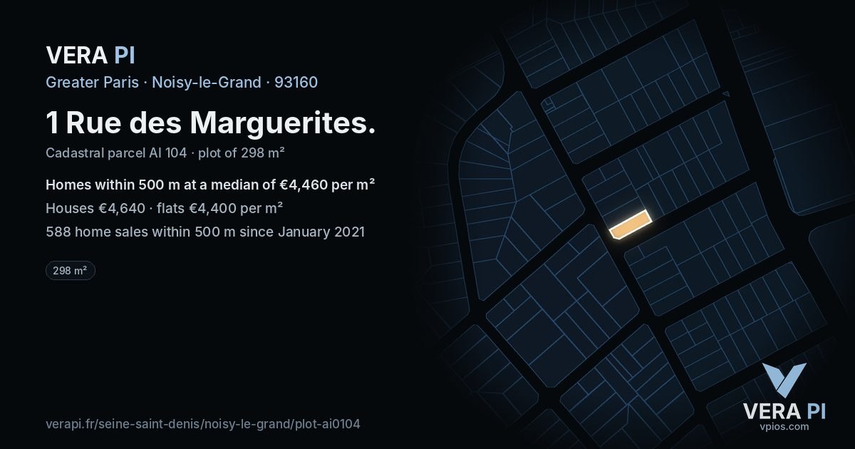 1 Rue des Marguerites, Noisy-le-Grand at night – the plot lit, the parcels around coloured by the prices near them