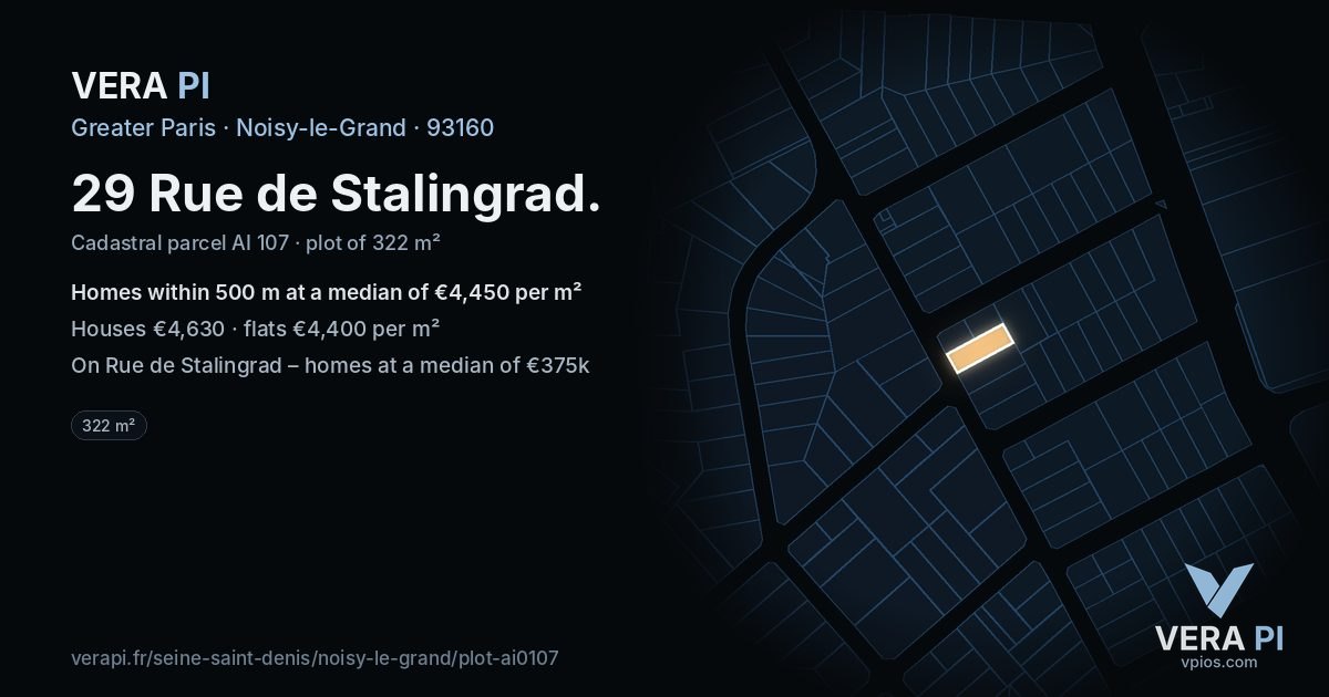 29 Rue de Stalingrad, Noisy-le-Grand at night – the plot lit, the parcels around coloured by the prices near them