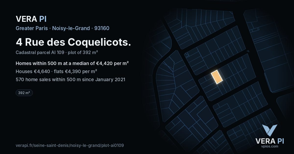 4 Rue des Coquelicots, Noisy-le-Grand at night – the plot lit, the parcels around coloured by the prices near them