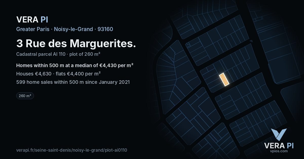 3 Rue des Marguerites, Noisy-le-Grand at night – the plot lit, the parcels around coloured by the prices near them