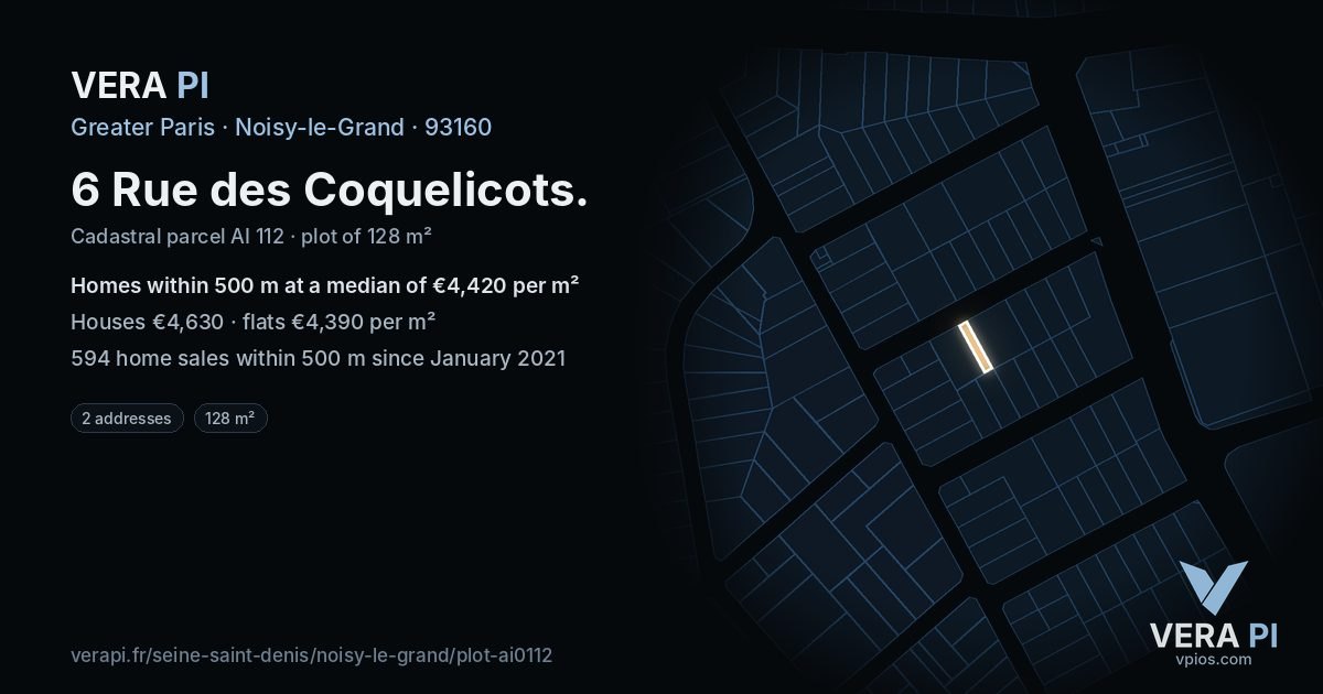 6 Rue des Coquelicots, Noisy-le-Grand at night – the plot lit, the parcels around coloured by the prices near them