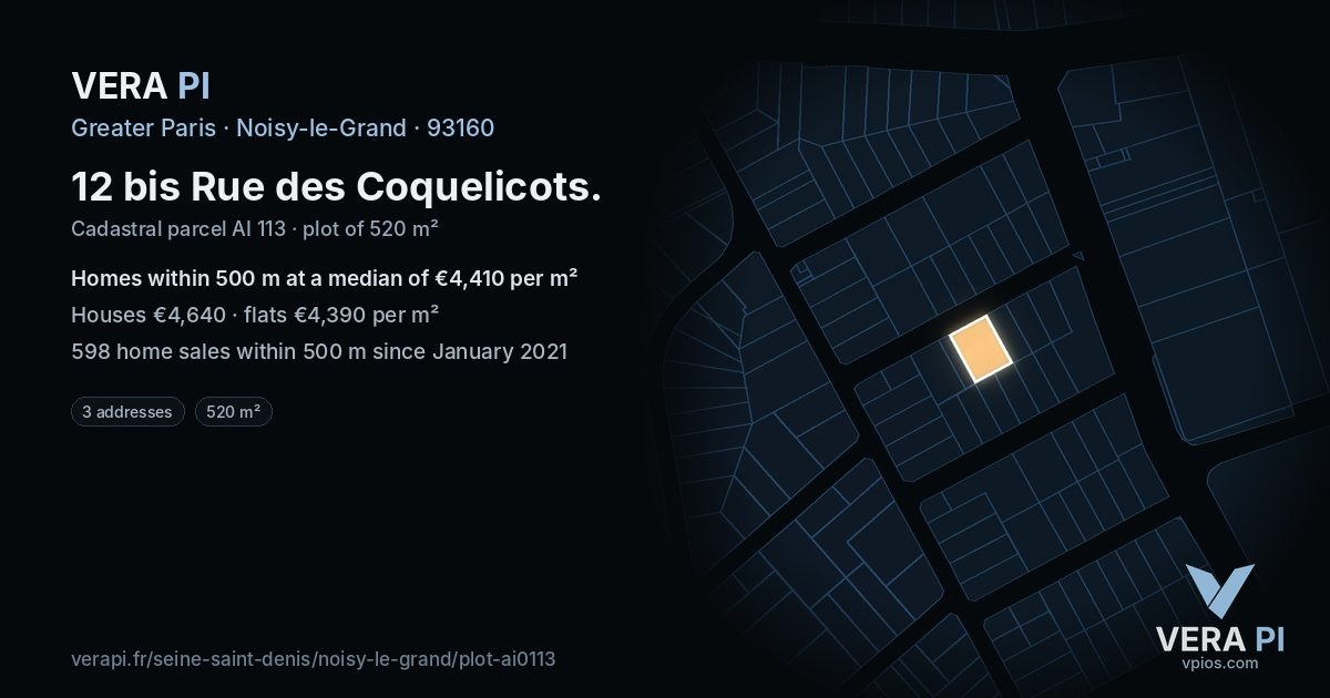 12 bis Rue des Coquelicots, Noisy-le-Grand at night – the plot lit, the parcels around coloured by the prices near them