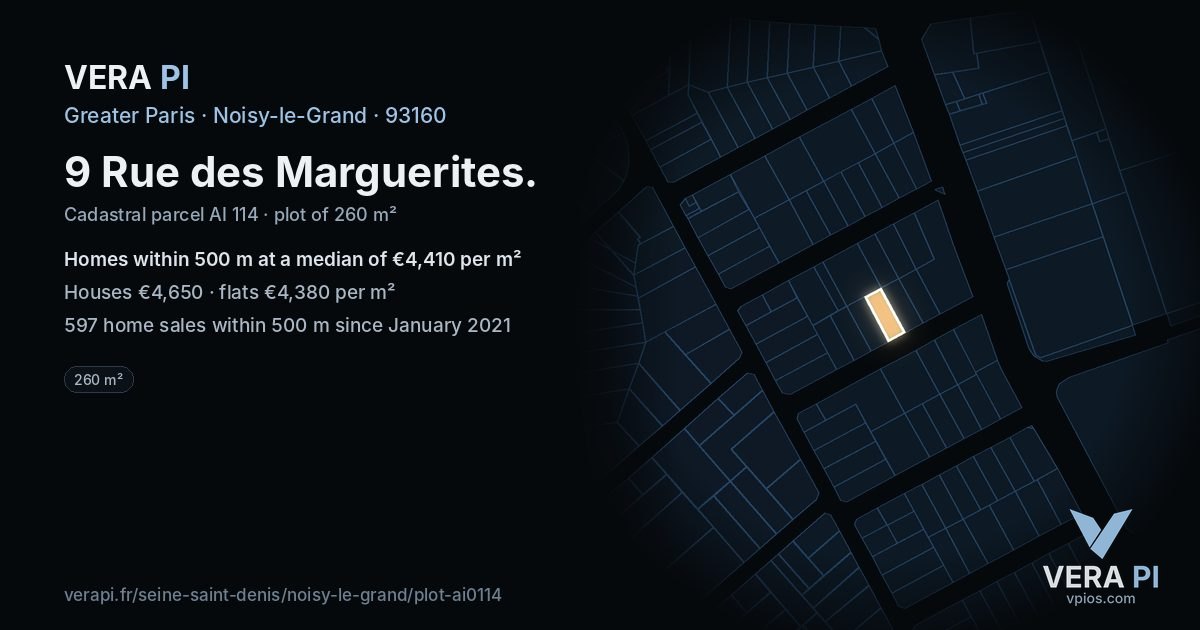 9 Rue des Marguerites, Noisy-le-Grand at night – the plot lit, the parcels around coloured by the prices near them