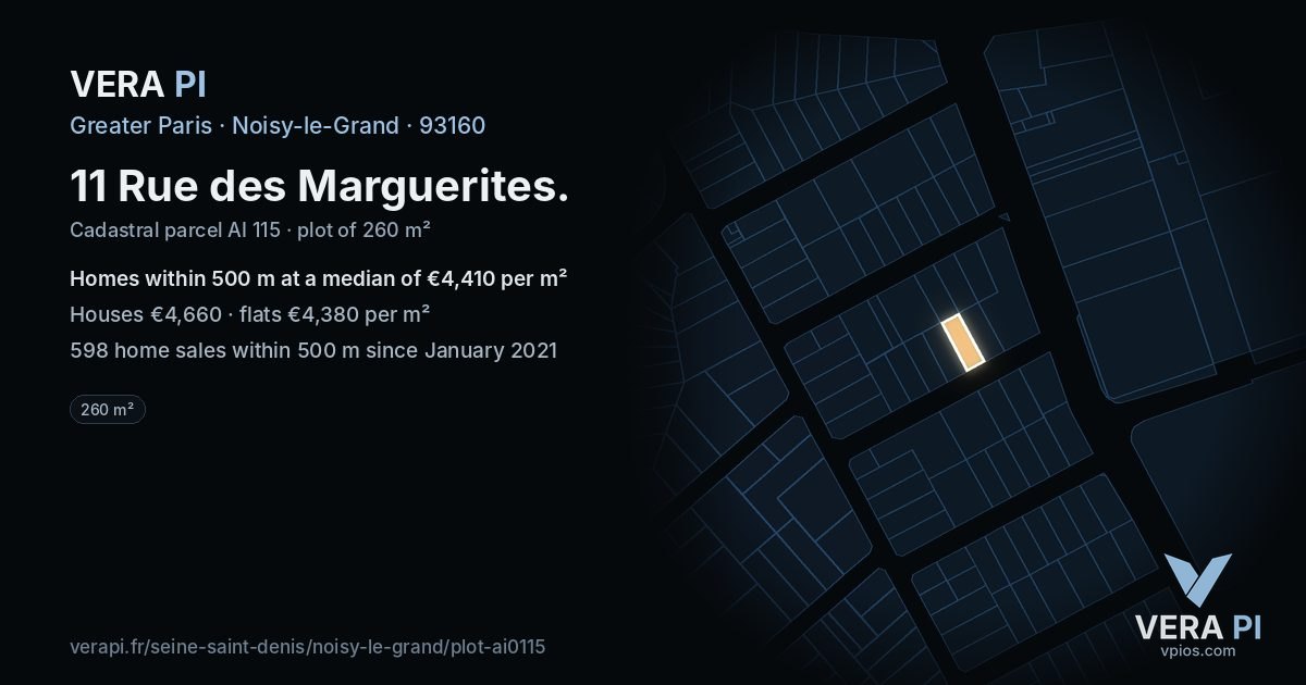 11 Rue des Marguerites, Noisy-le-Grand at night – the plot lit, the parcels around coloured by the prices near them