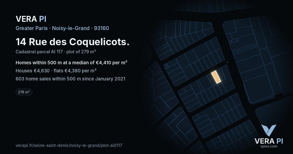 14 Rue des Coquelicots, Noisy-le-Grand at night – the plot lit, the parcels around coloured by the prices near them