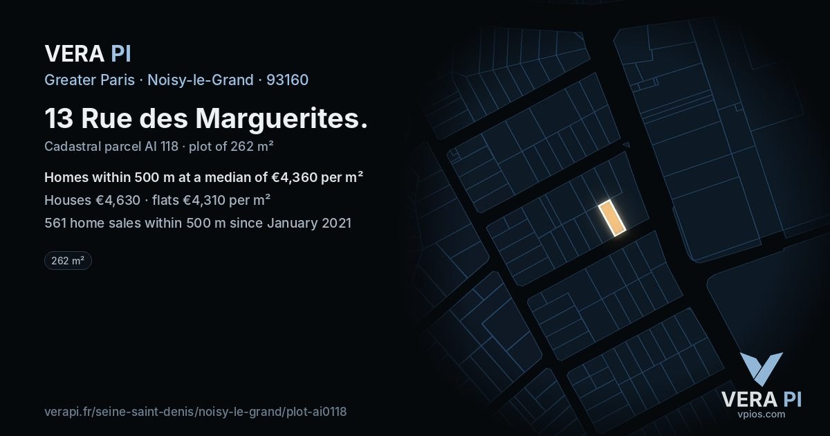 13 Rue des Marguerites, Noisy-le-Grand at night – the plot lit, the parcels around coloured by the prices near them