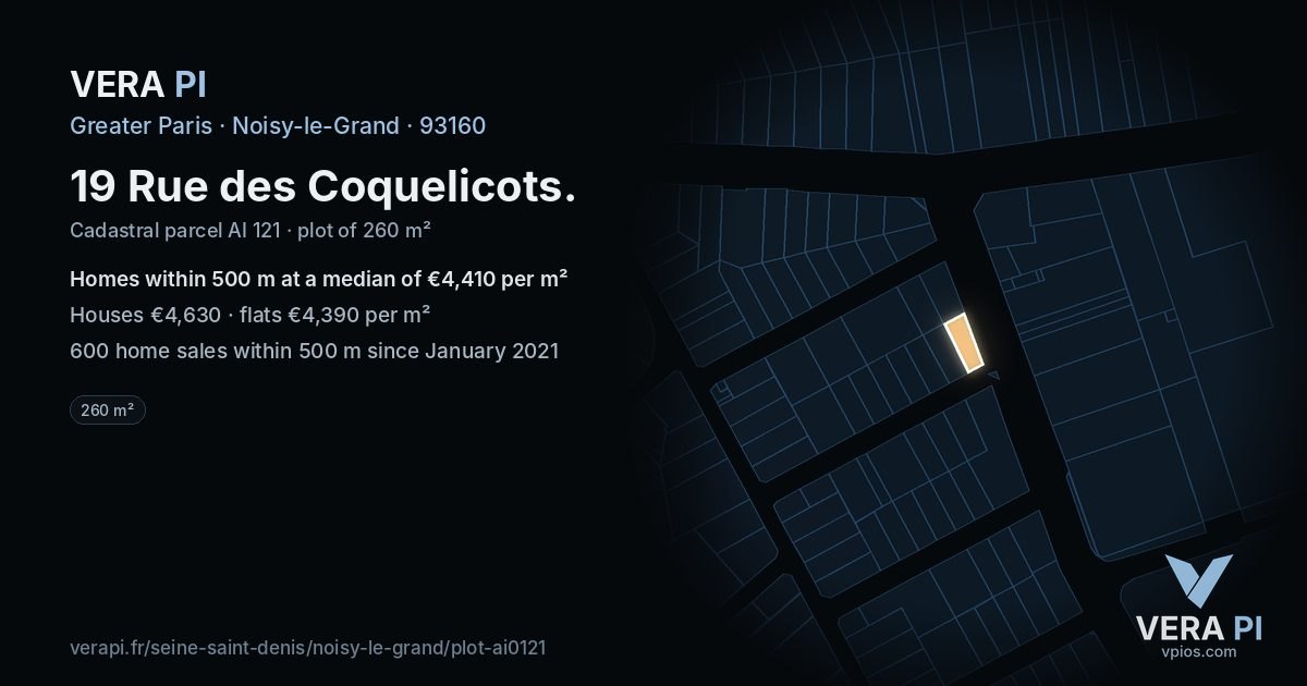 19 Rue des Coquelicots, Noisy-le-Grand at night – the plot lit, the parcels around coloured by the prices near them