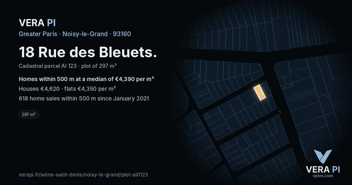 18 Rue des Bleuets, Noisy-le-Grand at night – the plot lit, the parcels around coloured by the prices near them