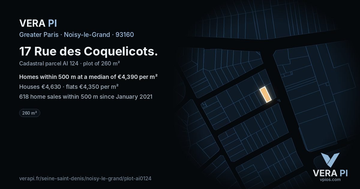 17 Rue des Coquelicots, Noisy-le-Grand at night – the plot lit, the parcels around coloured by the prices near them