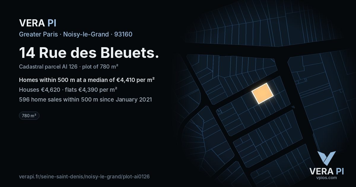 14 Rue des Bleuets, Noisy-le-Grand at night – the plot lit, the parcels around coloured by the prices near them