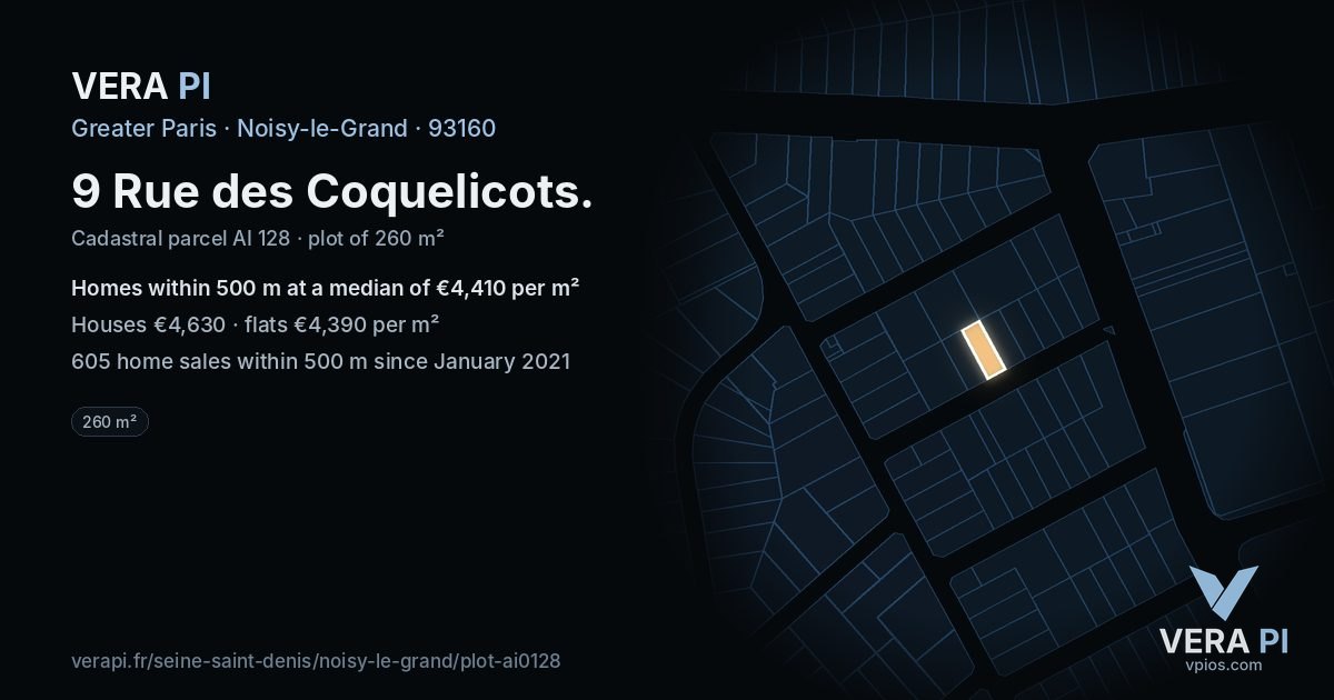 9 Rue des Coquelicots, Noisy-le-Grand at night – the plot lit, the parcels around coloured by the prices near them