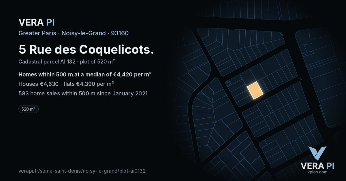 5 Rue des Coquelicots, Noisy-le-Grand at night – the plot lit, the parcels around coloured by the prices near them