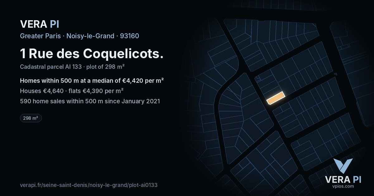 1 Rue des Coquelicots, Noisy-le-Grand at night – the plot lit, the parcels around coloured by the prices near them