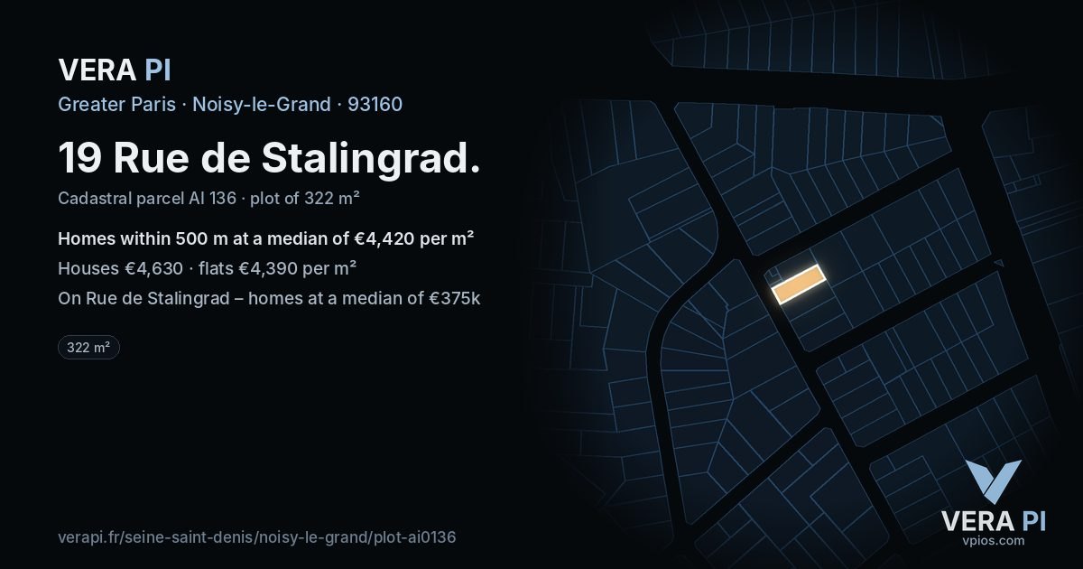 19 Rue de Stalingrad, Noisy-le-Grand at night – the plot lit, the parcels around coloured by the prices near them
