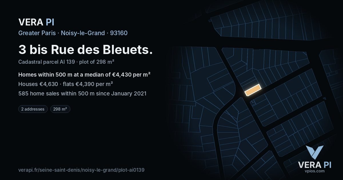 3 bis Rue des Bleuets, Noisy-le-Grand at night – the plot lit, the parcels around coloured by the prices near them