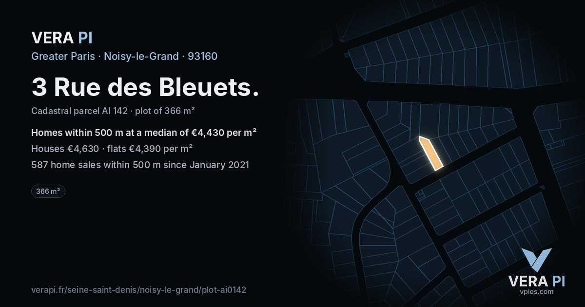 3 Rue des Bleuets, Noisy-le-Grand at night – the plot lit, the parcels around coloured by the prices near them