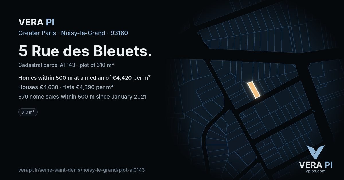 5 Rue des Bleuets, Noisy-le-Grand at night – the plot lit, the parcels around coloured by the prices near them