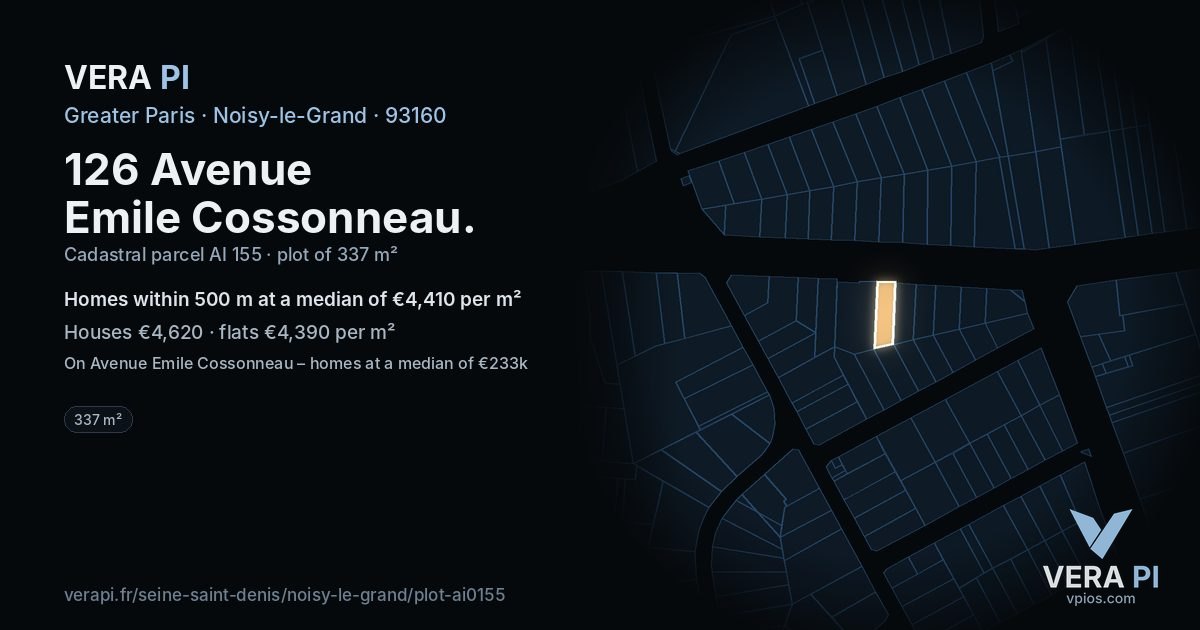 126 Avenue Emile Cossonneau, Noisy-le-Grand at night – the plot lit, the parcels around coloured by the prices near them
