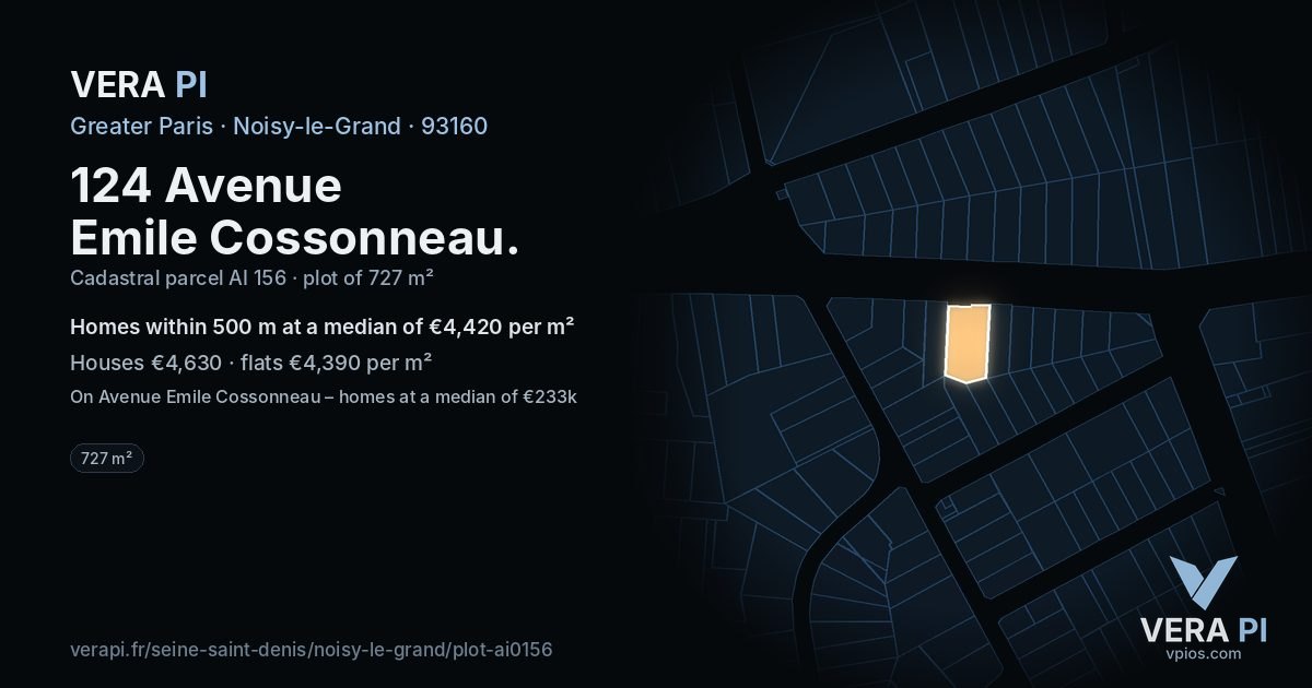 124 Avenue Emile Cossonneau, Noisy-le-Grand at night – the plot lit, the parcels around coloured by the prices near them