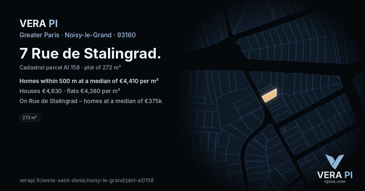 7 Rue de Stalingrad, Noisy-le-Grand at night – the plot lit, the parcels around coloured by the prices near them
