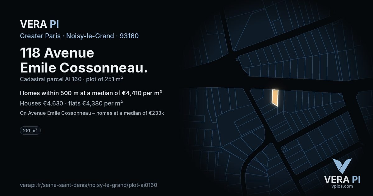 118 Avenue Emile Cossonneau, Noisy-le-Grand at night – the plot lit, the parcels around coloured by the prices near them