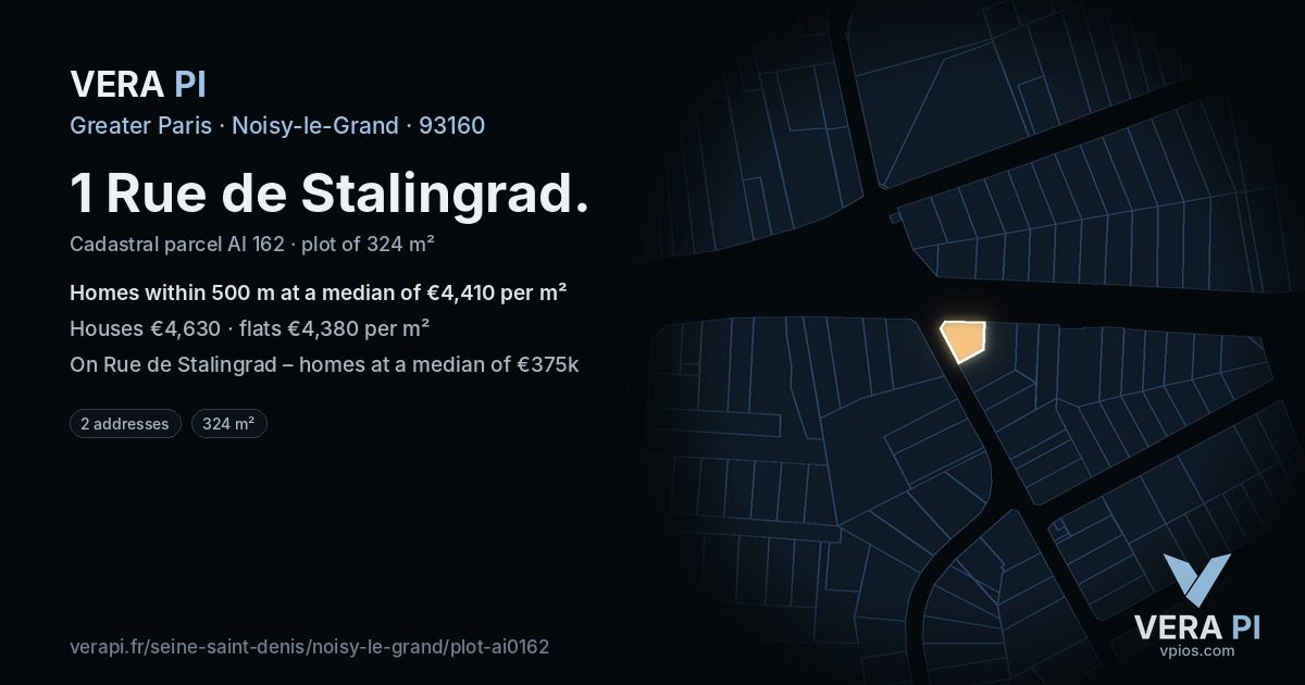 1 Rue de Stalingrad, Noisy-le-Grand at night – the plot lit, the parcels around coloured by the prices near them