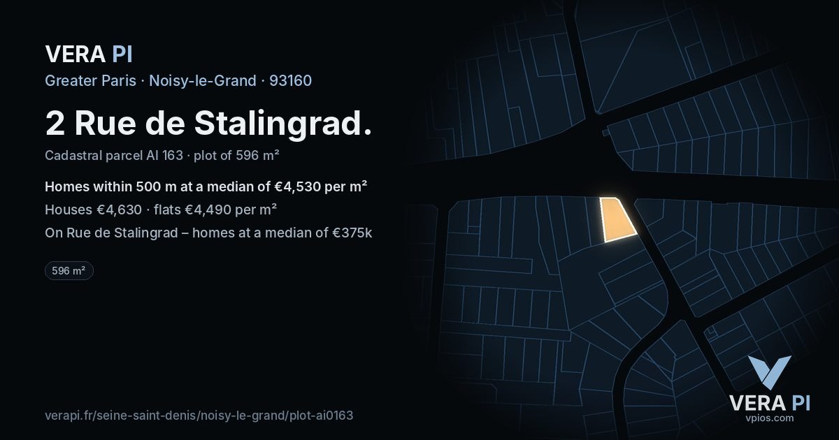 2 Rue de Stalingrad, Noisy-le-Grand at night – the plot lit, the parcels around coloured by the prices near them