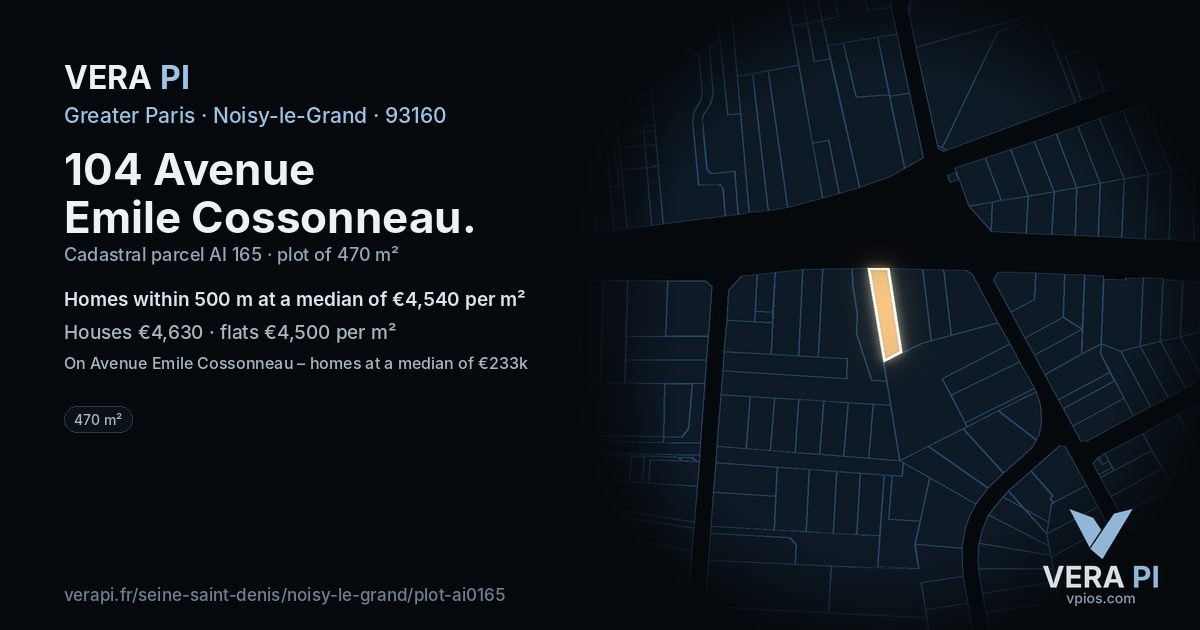104 Avenue Emile Cossonneau, Noisy-le-Grand at night – the plot lit, the parcels around coloured by the prices near them