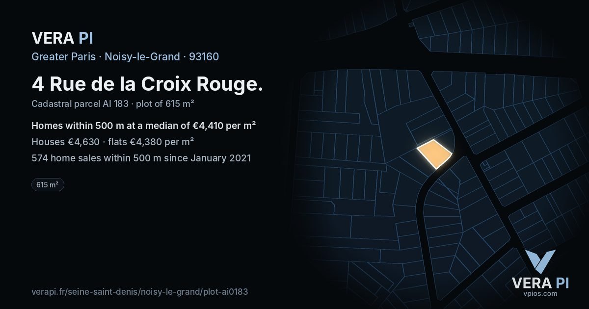 4 Rue de la Croix Rouge, Noisy-le-Grand at night – the plot lit, the parcels around coloured by the prices near them