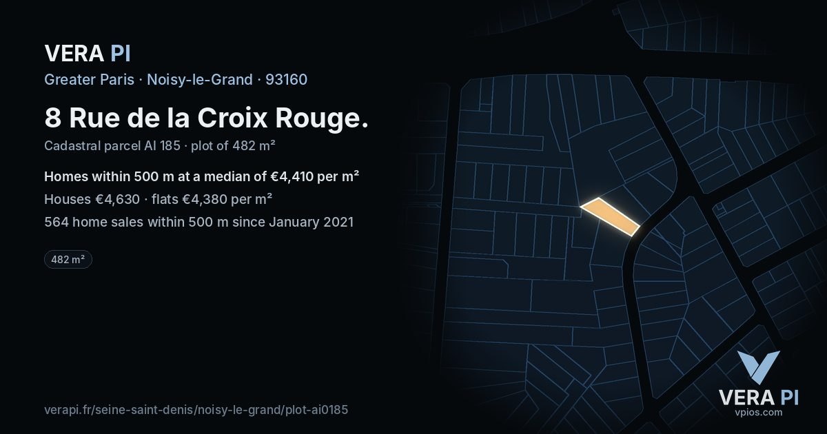 8 Rue de la Croix Rouge, Noisy-le-Grand at night – the plot lit, the parcels around coloured by the prices near them