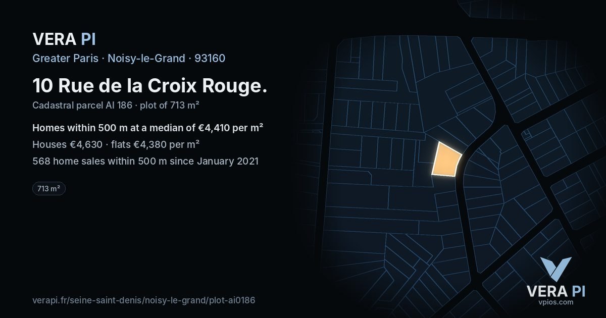10 Rue de la Croix Rouge, Noisy-le-Grand at night – the plot lit, the parcels around coloured by the prices near them