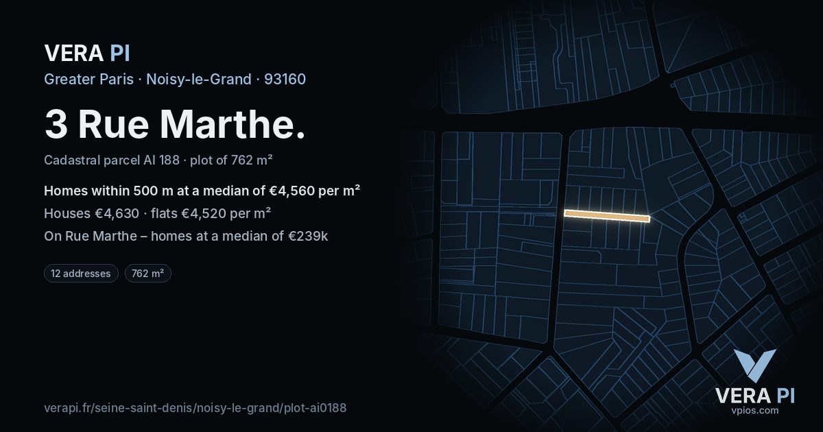 3 Rue Marthe, Noisy-le-Grand at night – the plot lit, the parcels around coloured by the prices near them