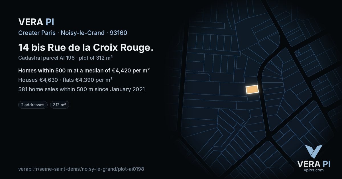14 bis Rue de la Croix Rouge, Noisy-le-Grand at night – the plot lit, the parcels around coloured by the prices near them
