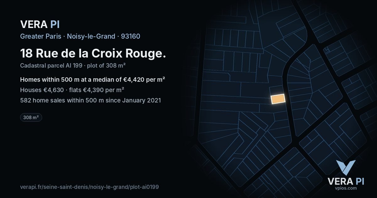 18 Rue de la Croix Rouge, Noisy-le-Grand at night – the plot lit, the parcels around coloured by the prices near them