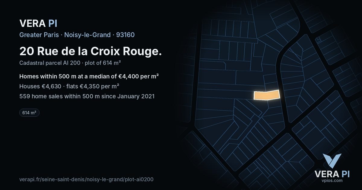 20 Rue de la Croix Rouge, Noisy-le-Grand at night – the plot lit, the parcels around coloured by the prices near them
