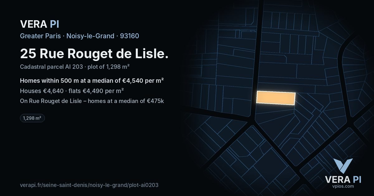 25 Rue Rouget de Lisle, Noisy-le-Grand at night – the plot lit, the parcels around coloured by the prices near them