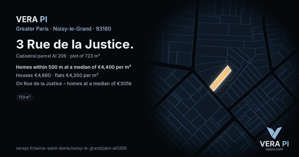 3 Rue de la Justice, Noisy-le-Grand at night – the plot lit, the parcels around coloured by the prices near them