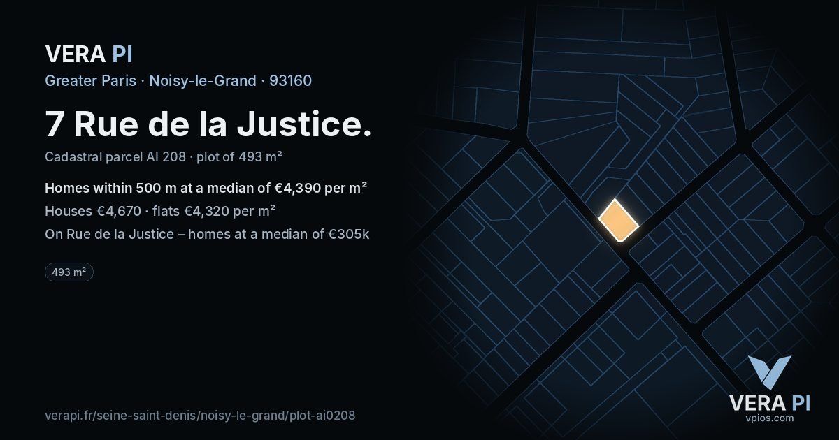 7 Rue de la Justice, Noisy-le-Grand at night – the plot lit, the parcels around coloured by the prices near them