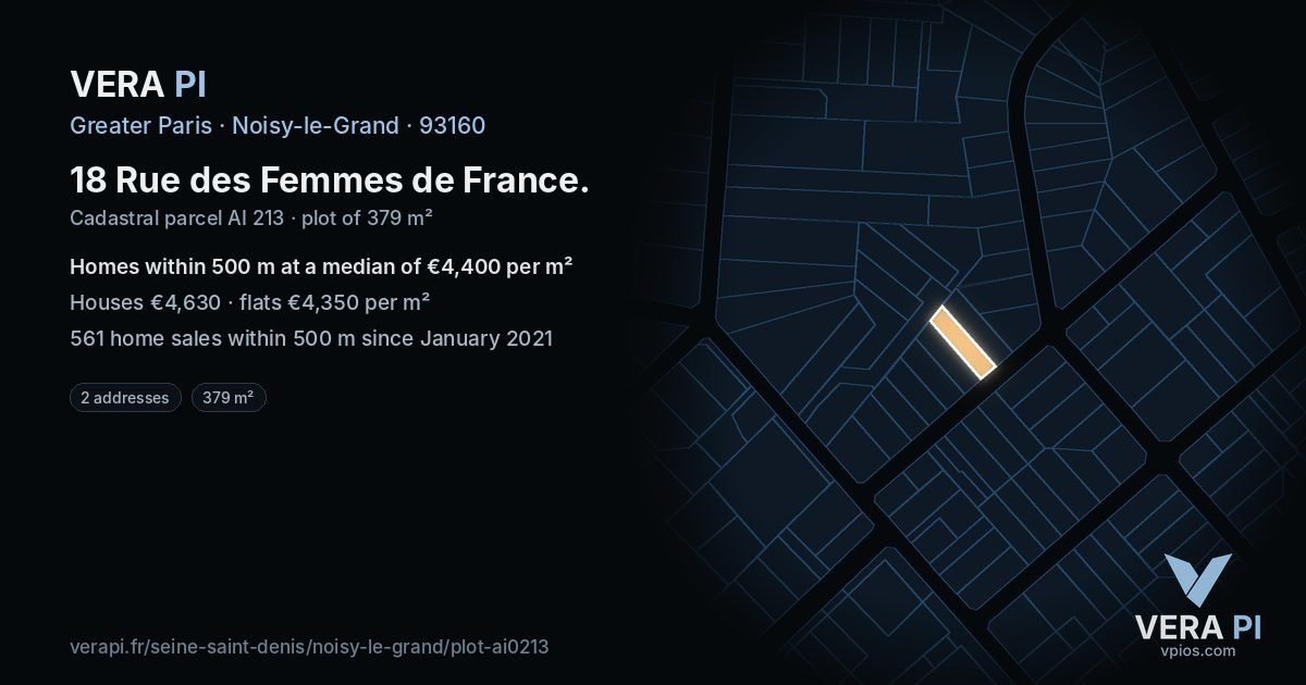 18 Rue des Femmes de France, Noisy-le-Grand at night – the plot lit, the parcels around coloured by the prices near them