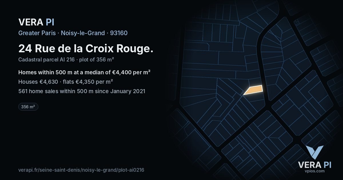 24 Rue de la Croix Rouge, Noisy-le-Grand at night – the plot lit, the parcels around coloured by the prices near them