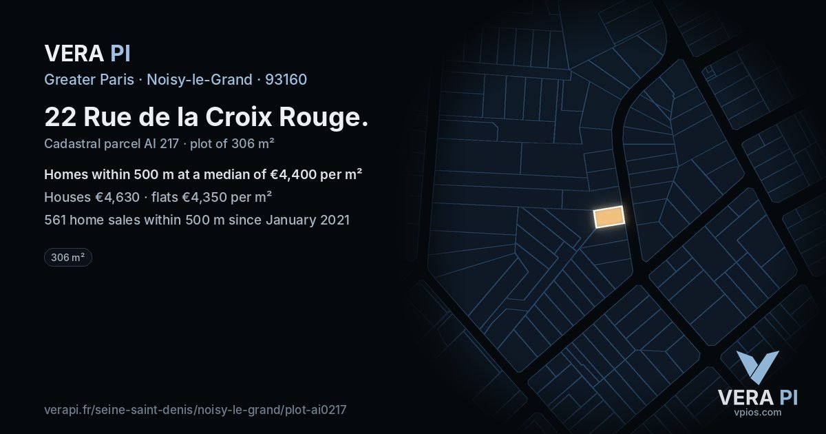 22 Rue de la Croix Rouge, Noisy-le-Grand at night – the plot lit, the parcels around coloured by the prices near them