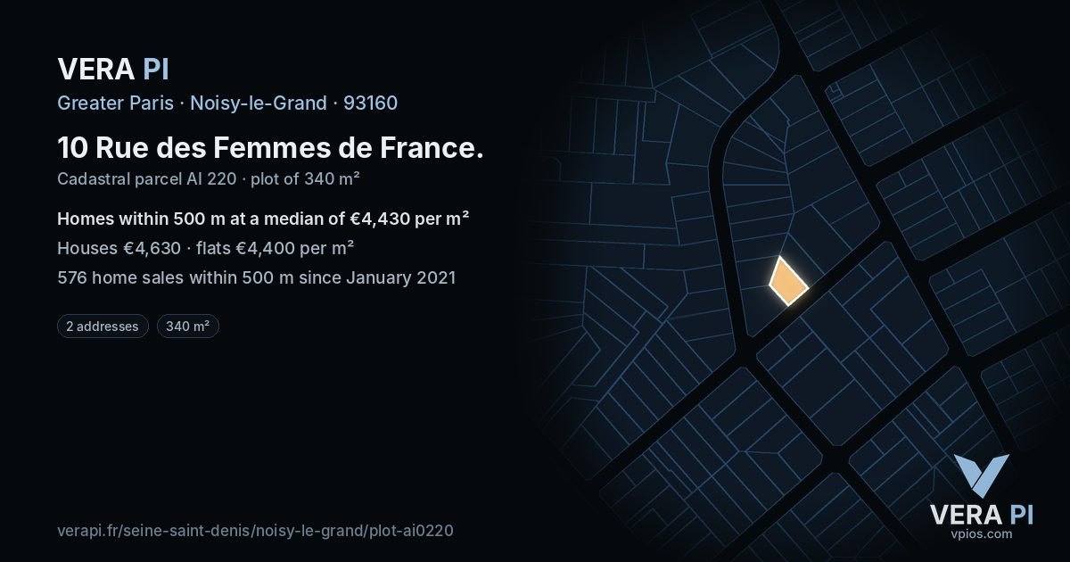 10 Rue des Femmes de France, Noisy-le-Grand at night – the plot lit, the parcels around coloured by the prices near them