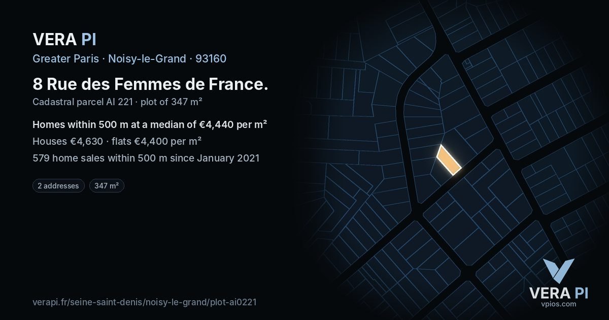 8 Rue des Femmes de France, Noisy-le-Grand at night – the plot lit, the parcels around coloured by the prices near them