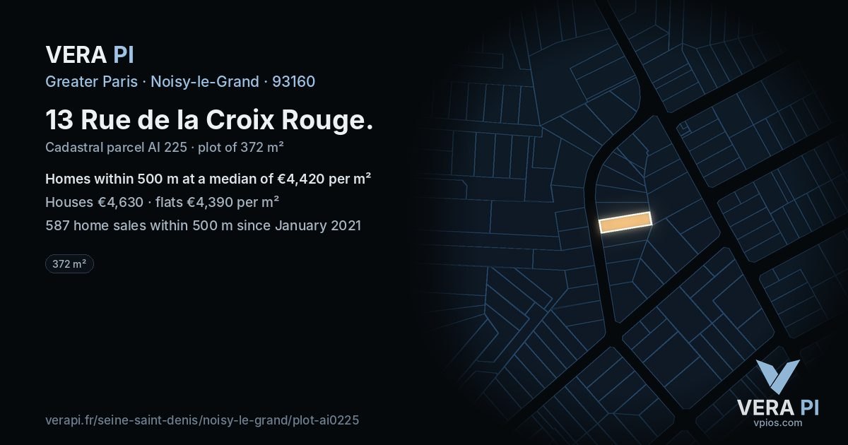 13 Rue de la Croix Rouge, Noisy-le-Grand at night – the plot lit, the parcels around coloured by the prices near them