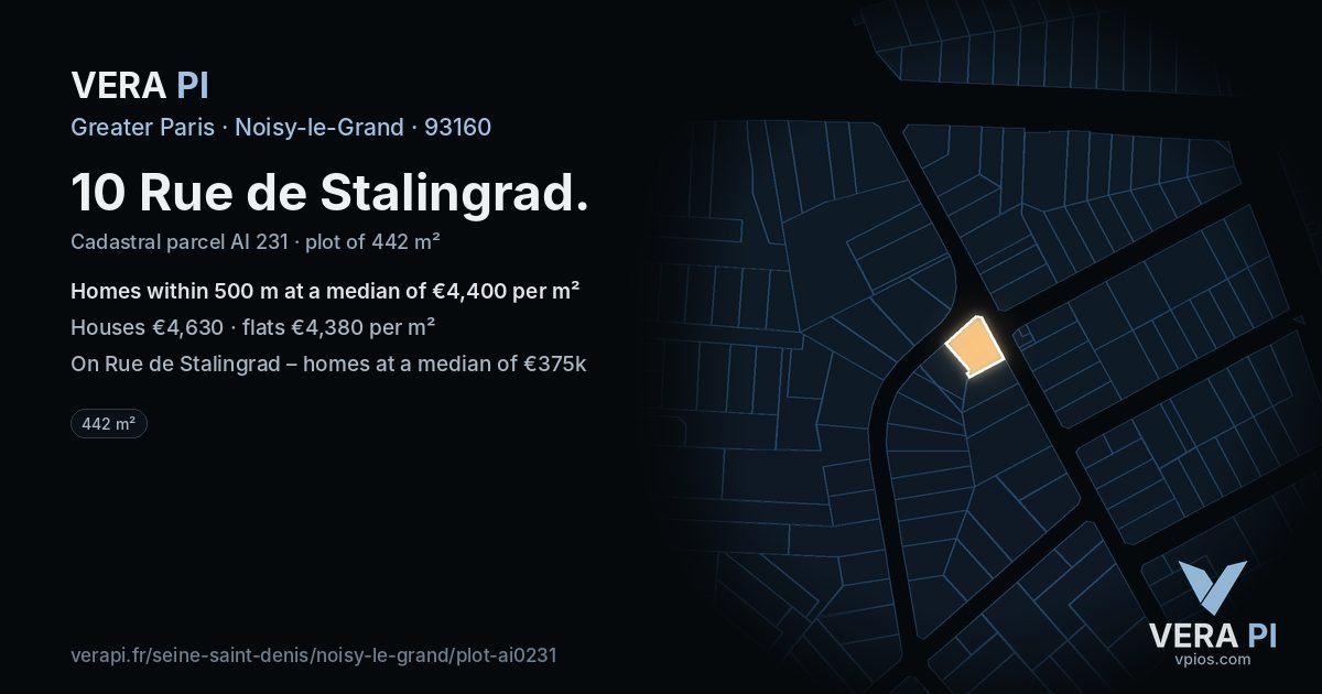 10 Rue de Stalingrad, Noisy-le-Grand at night – the plot lit, the parcels around coloured by the prices near them